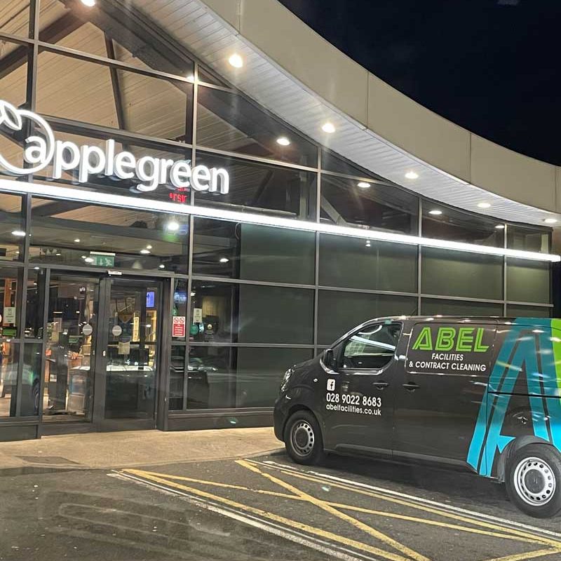 Abel Facilities van parked outside Applegreen Belfast